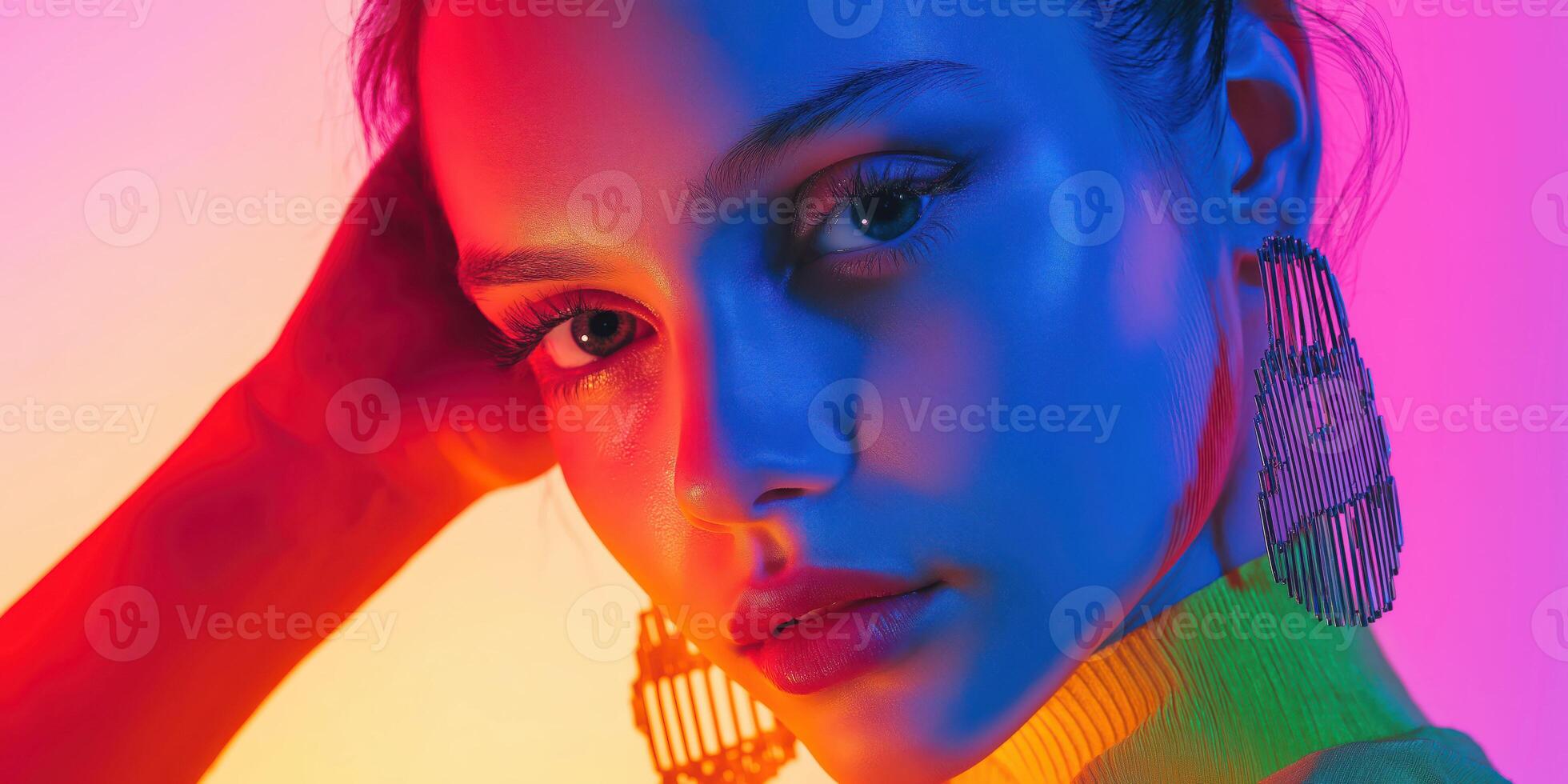 Vibrant neon portrait of a woman with bold colors and statement earrings photo