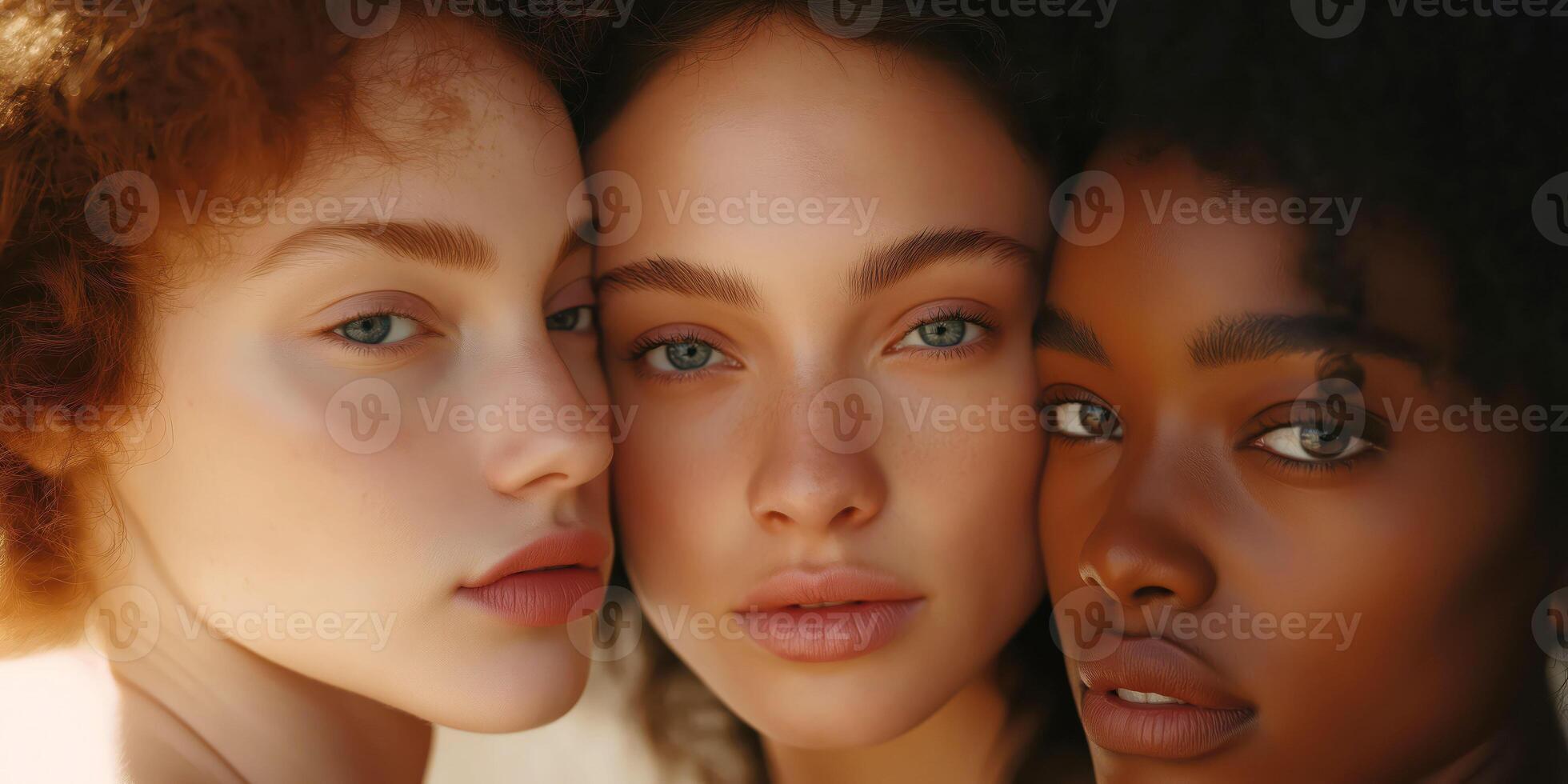 Diverse beauty close-up portrait of three women with varied skin tones photo