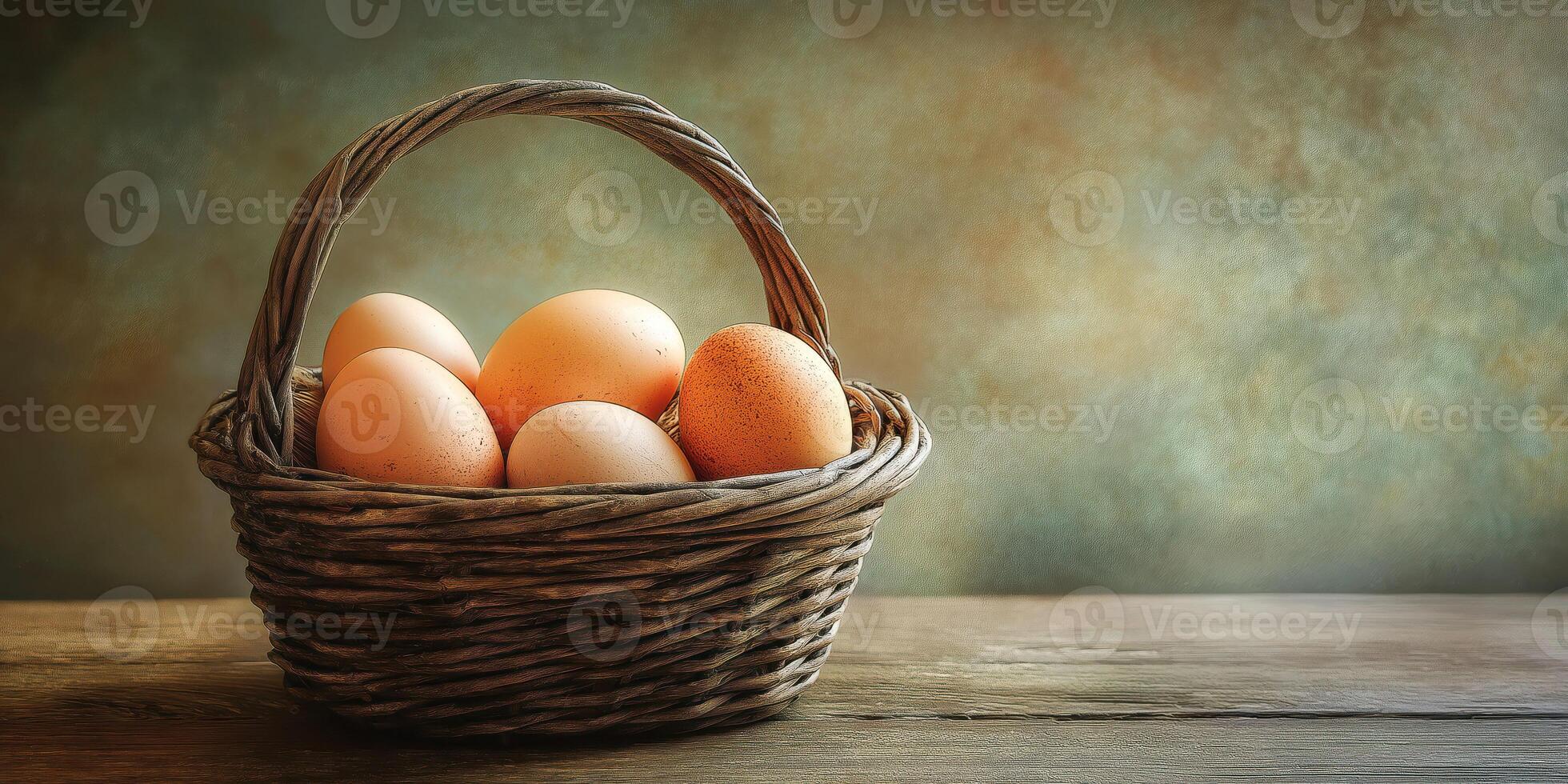 Rustic basket of farm fresh eggs on wooden table with textured backdrop photo