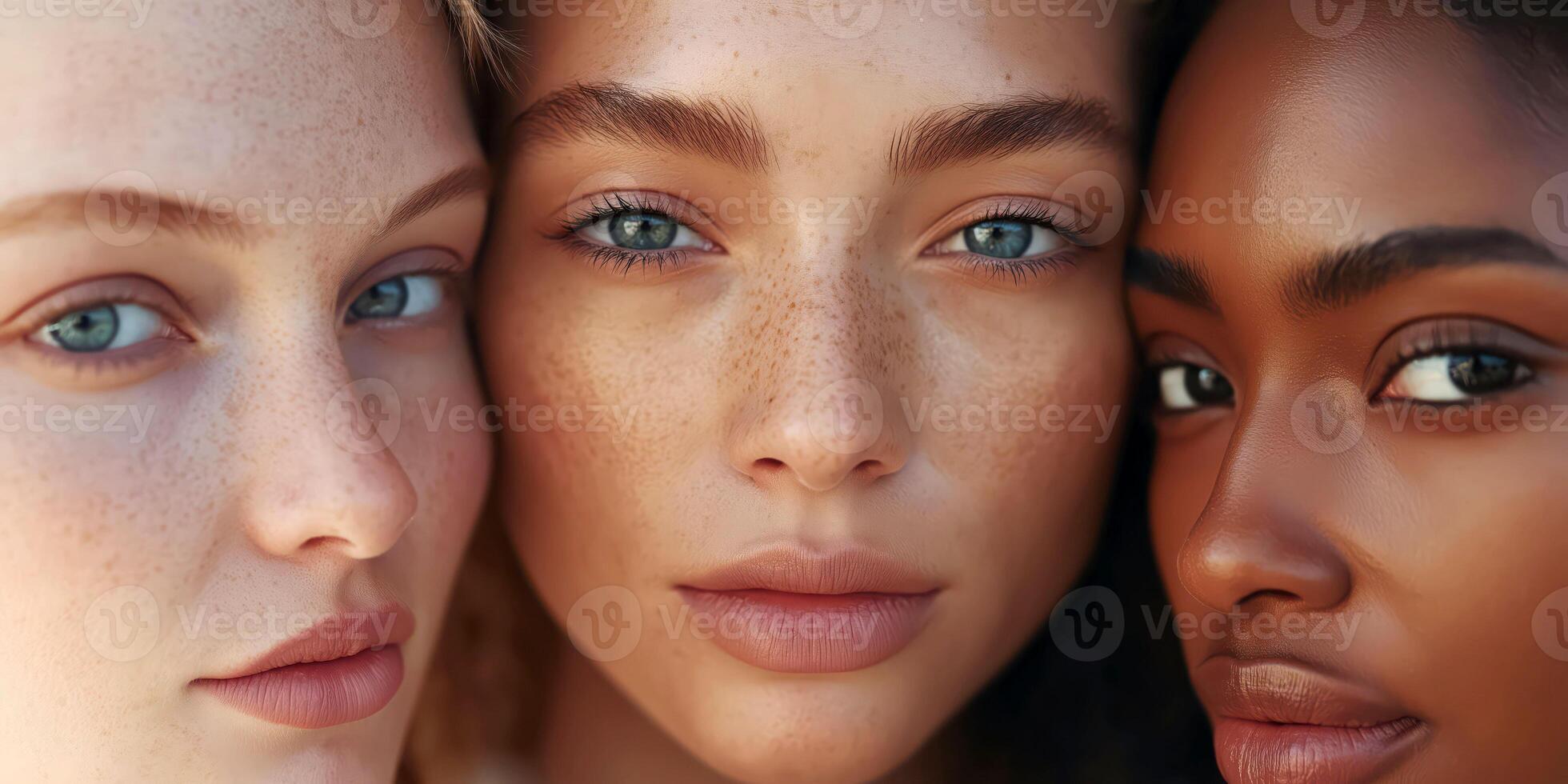 Three diverse women with freckles showcasing natural beauty and confidence photo