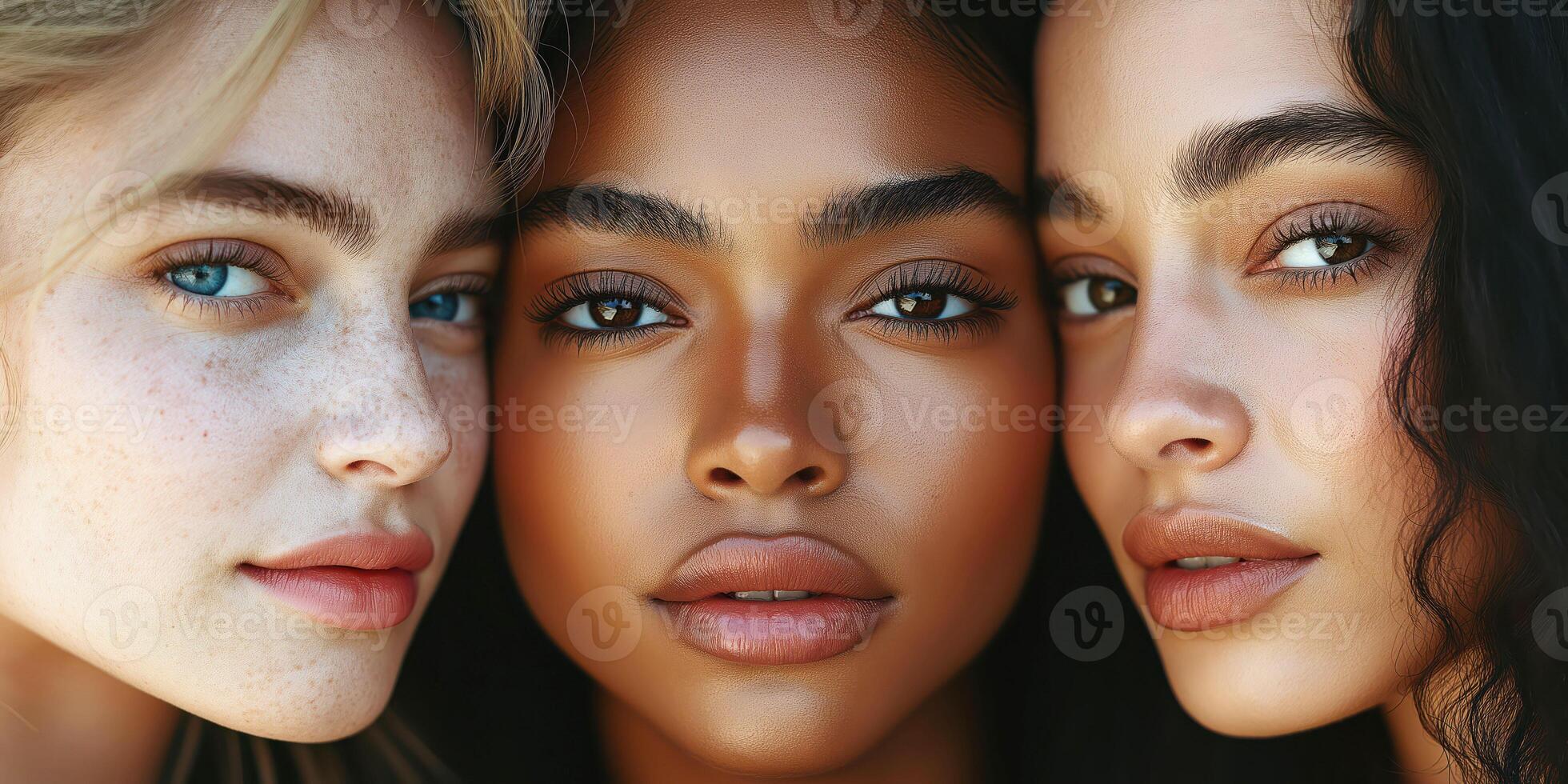 Diverse beauty close-up portrait of three women showcasing natural skin tones and beauty photo
