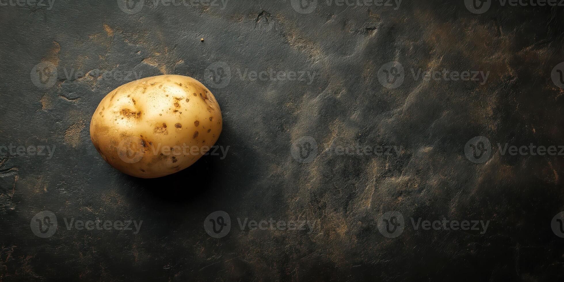 Single potato on dark rustic background highlighting texture and imperfections in natural light photo