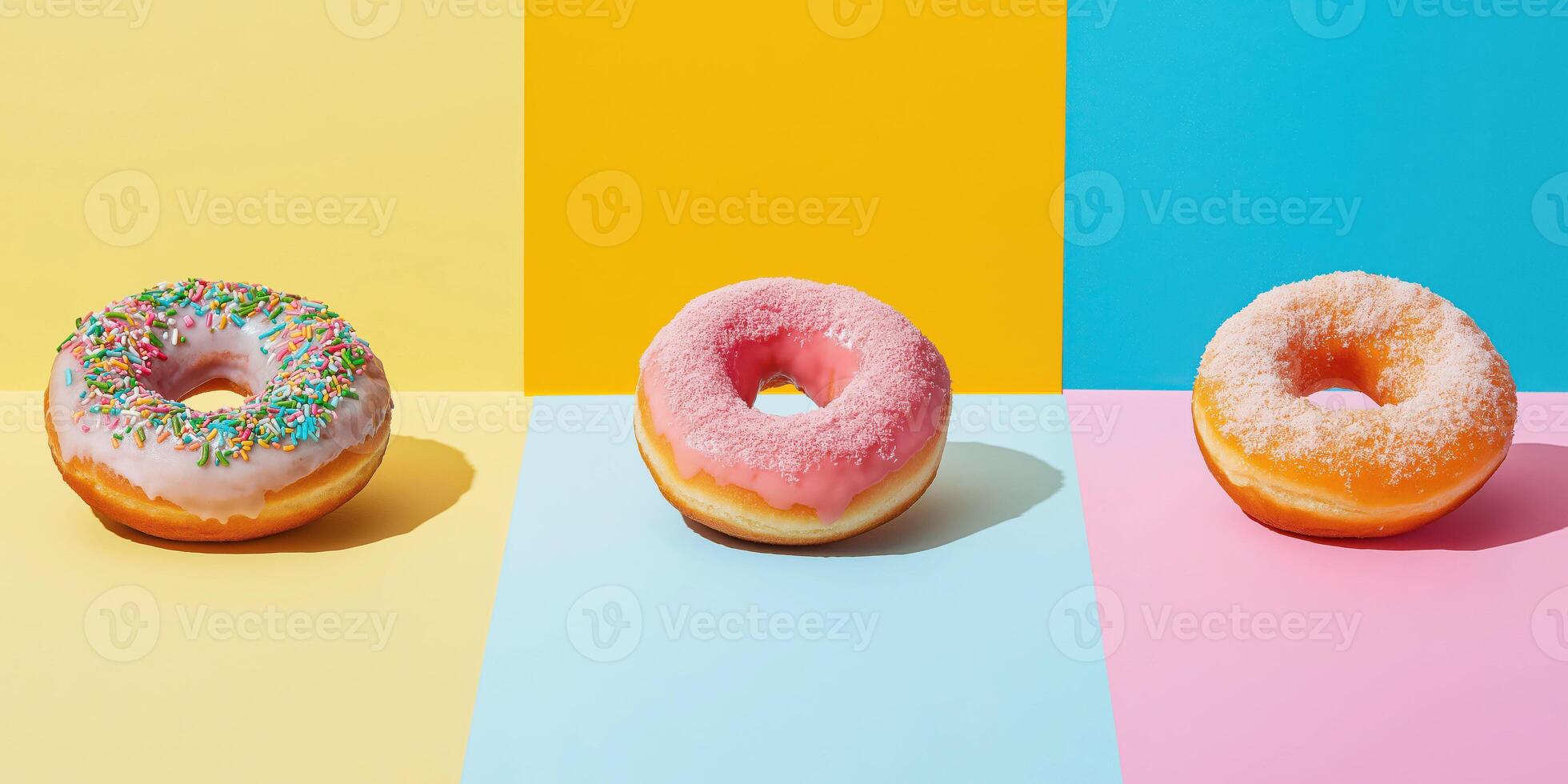 Colorful donuts on vibrant backgrounds highlighting modern food art photo