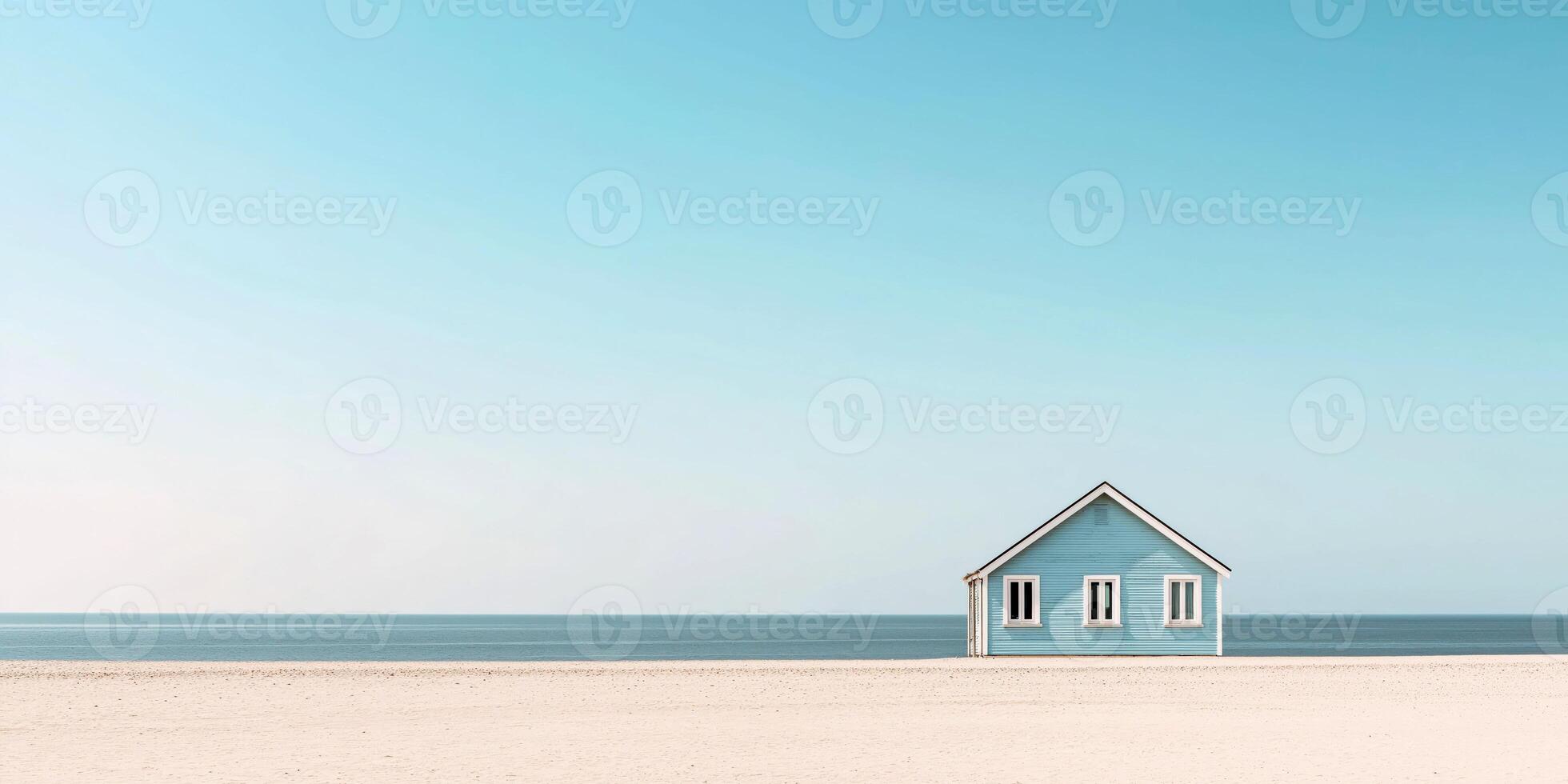 Serene blue beach house under clear sky by tranquil ocean horizon photo