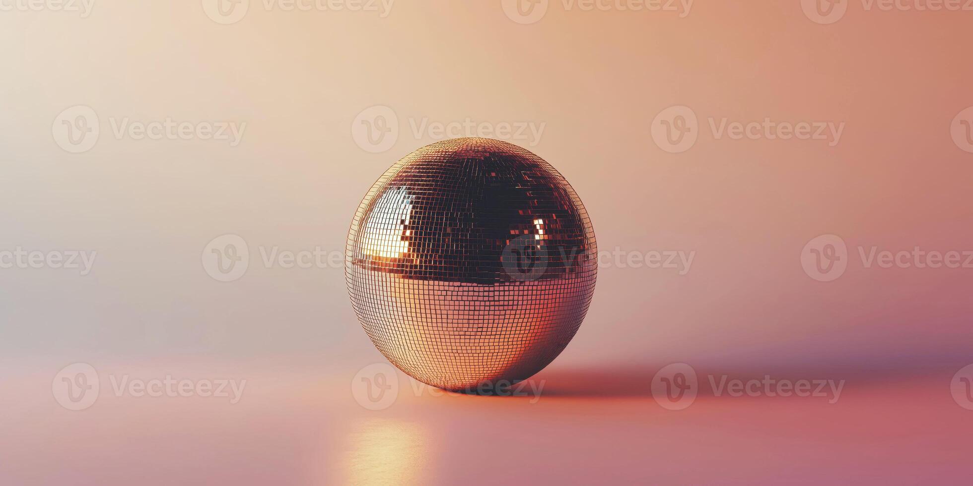 Modern disco ball on gradient background reflecting warm light for trendy design and decor photo