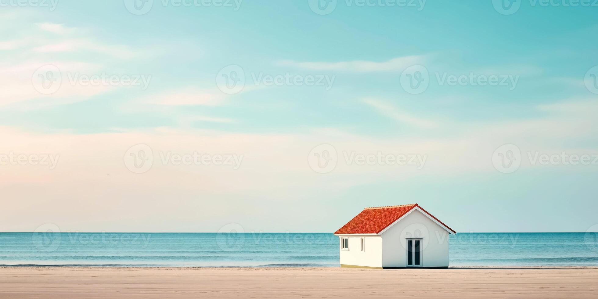 Minimalist white beach house against tranquil seascape and blue sky backdrop photo