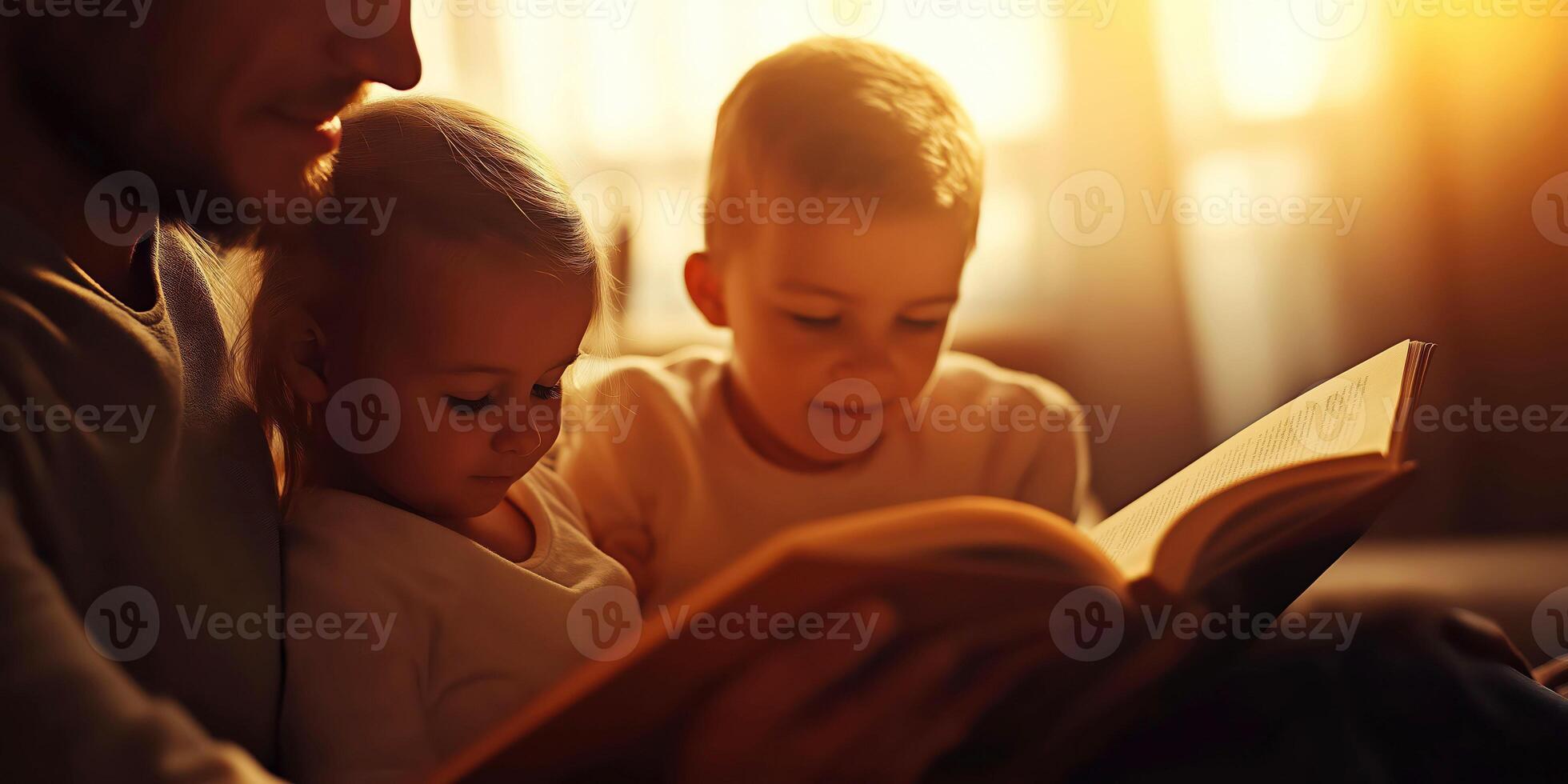 Father reading a book with young children in warm natural light photo
