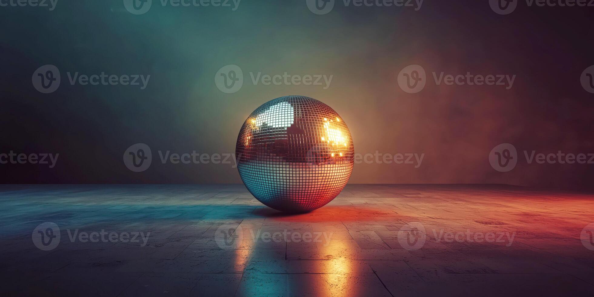 Colorful disco ball reflecting light on wooden dance floor in dramatic lighting photo