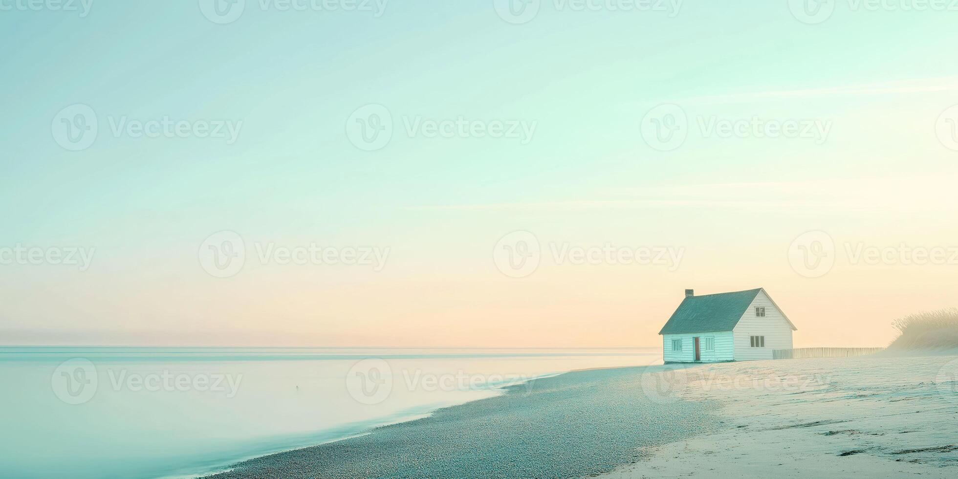 Tranquil coastal morning with secluded beach house at sunrise photo