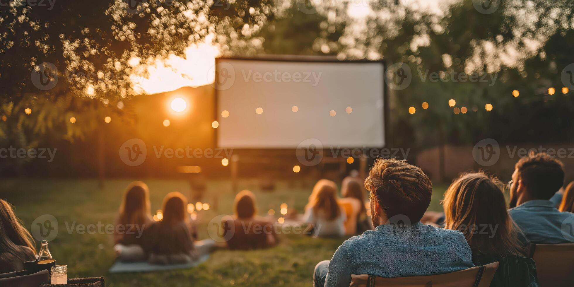 Cozy outdoor movie night in a garden with friends at sunset photo