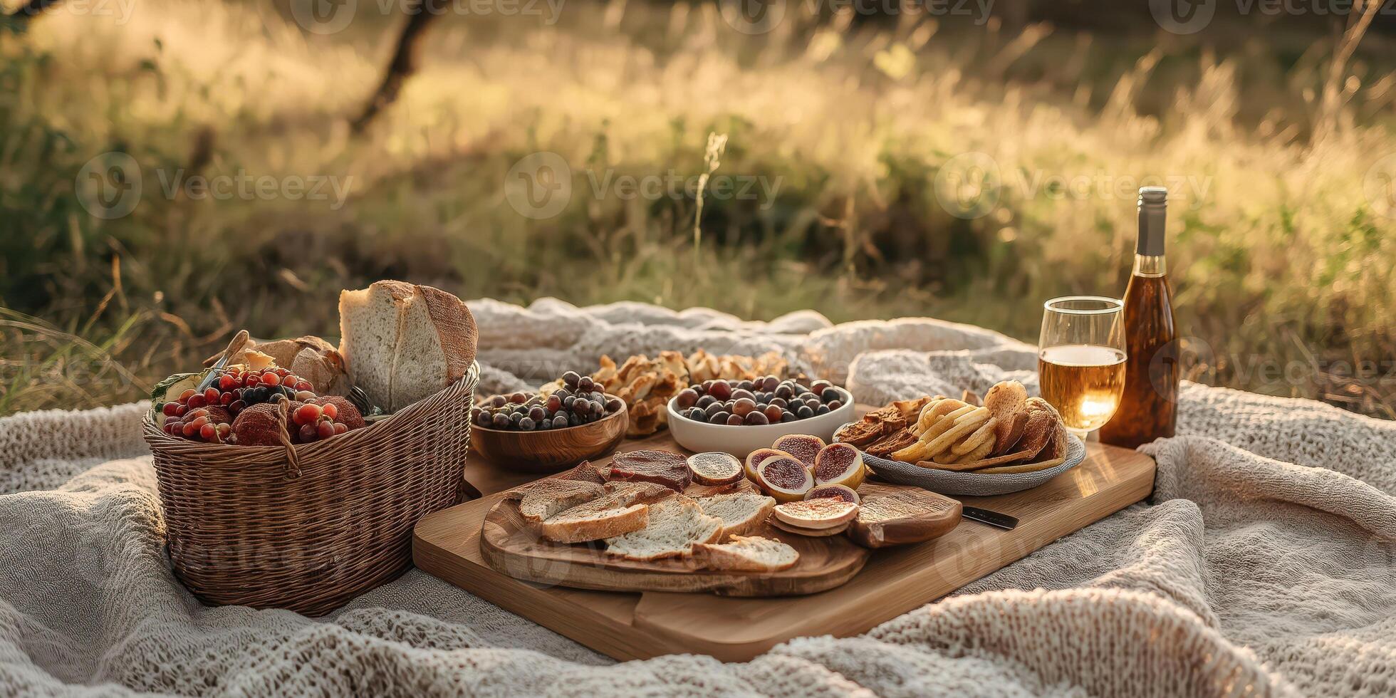 Rustic outdoor picnic with fresh fruits, bread, and wine in sunlit meadow photo