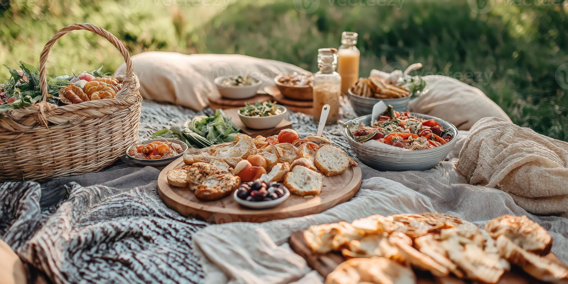 Outdoor picnic spread with bread, salads, and juices on cozy blanket in nature photo