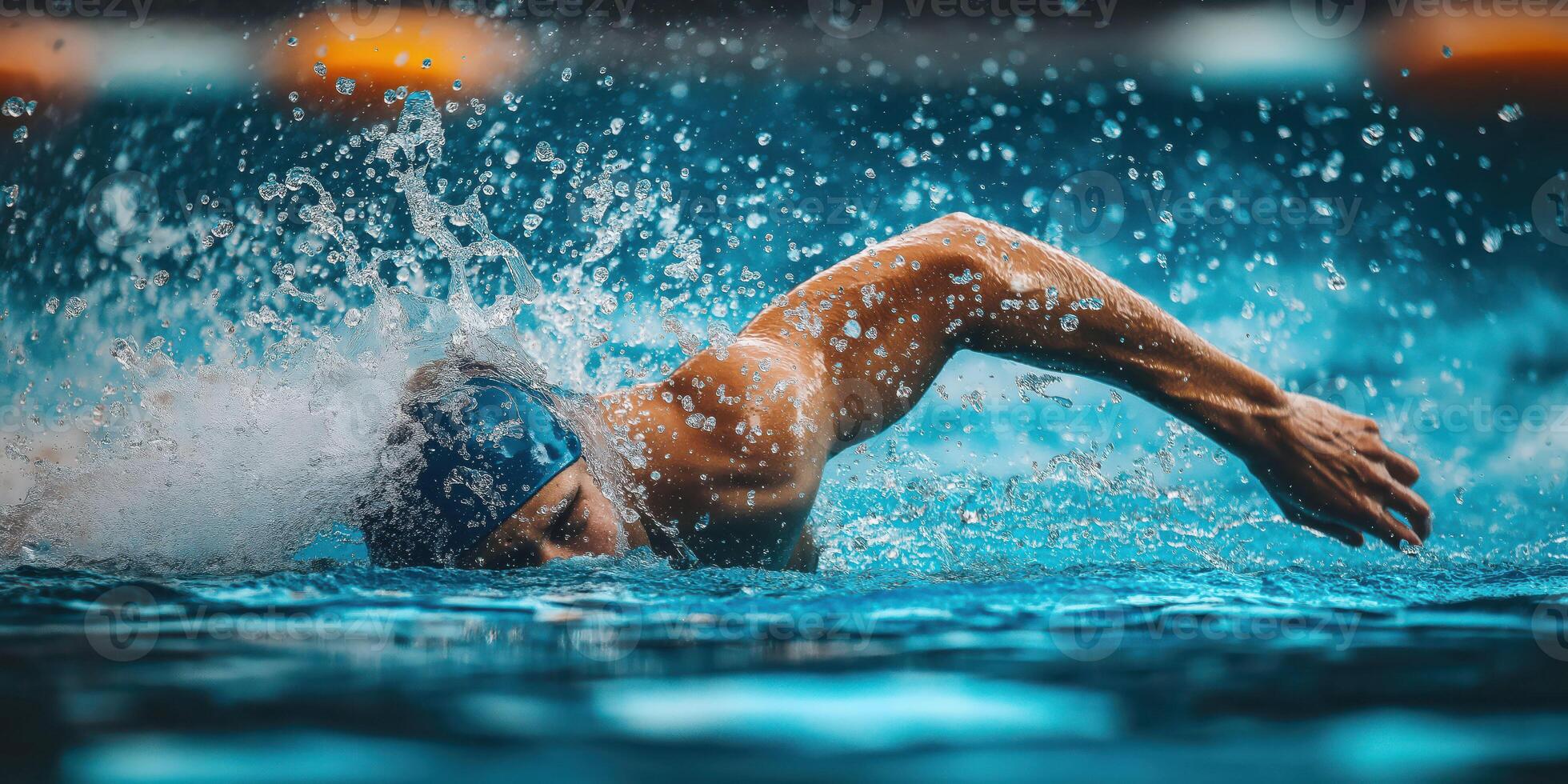Dynamic swimmer powerfully strokes through water in competitive race photo