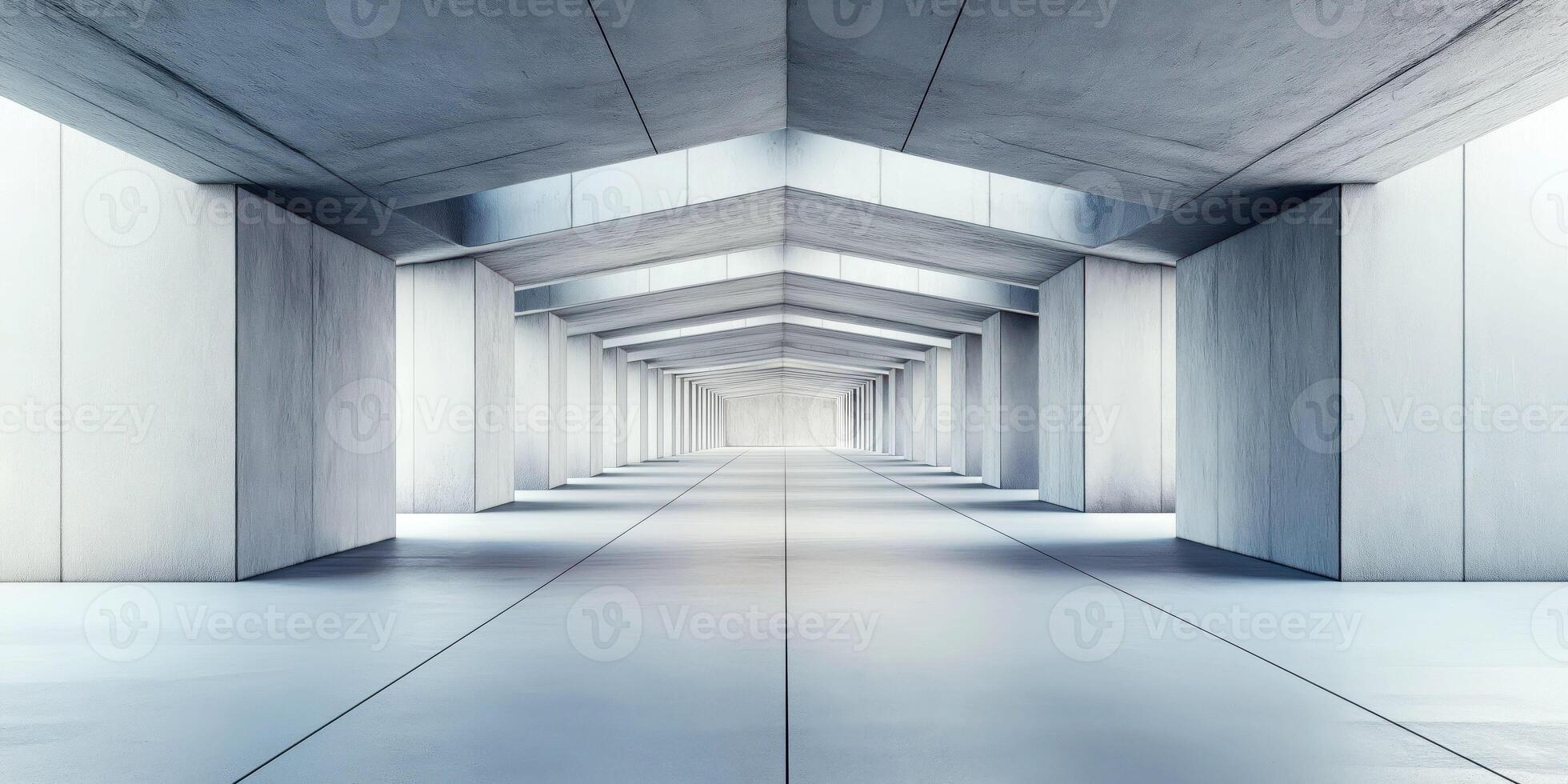Futuristic concrete corridor with symmetrical geometric architecture and endless perspective photo