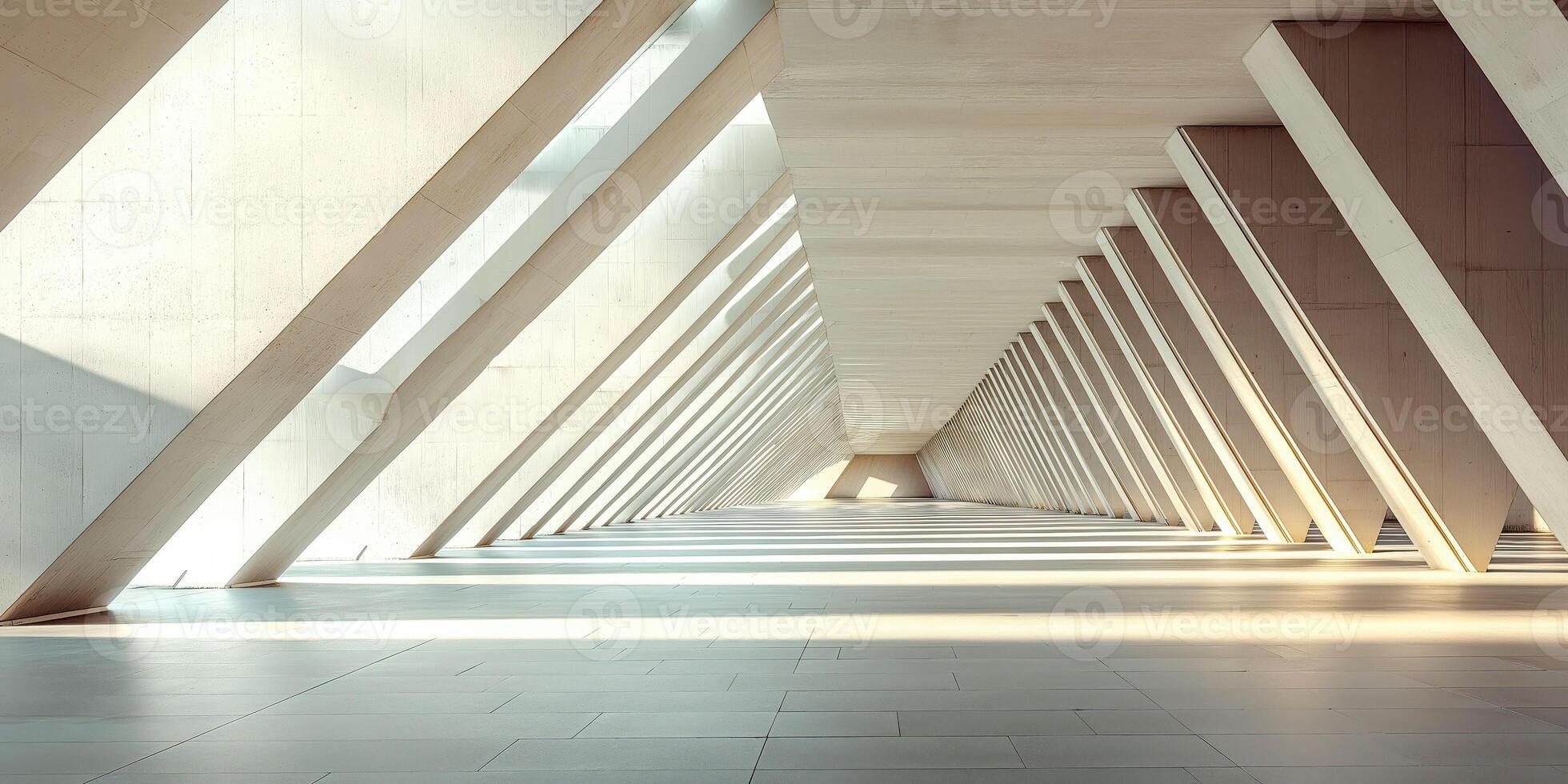 Sunlit modern architectural hallway with geometric concrete columns photo
