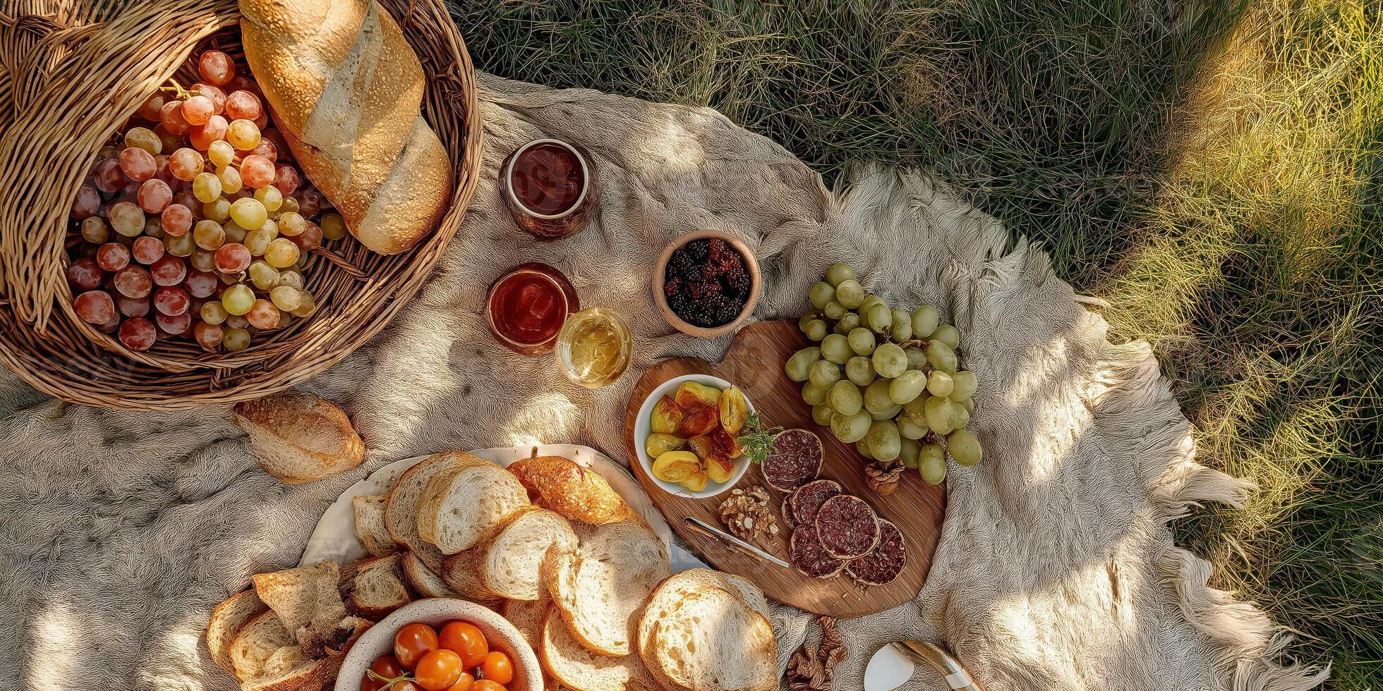 Cozy outdoor picnic with fresh fruits, bread, and spreads on a rustic blanket photo