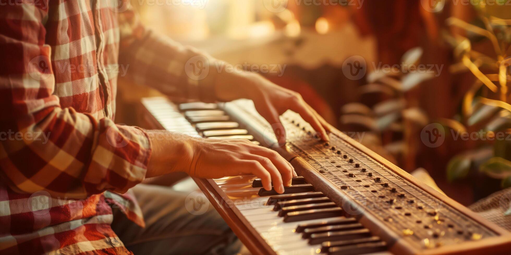 Hands Playing Keyboard Piano at Home with Warm Sunlight photo
