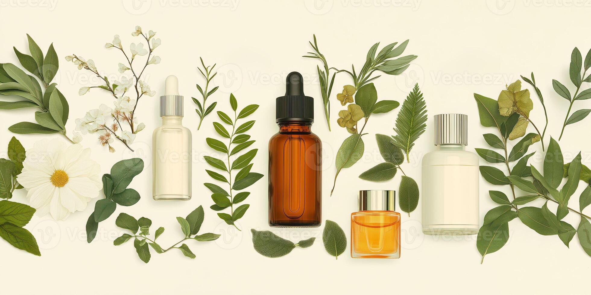 Natural Skincare Products with Essential Oils and Fresh Botanical Leaves on Light Background photo