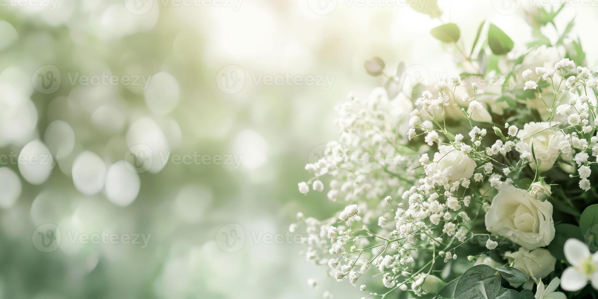 Elegant White Floral Bouquet with Baby's Breath and Soft Green Background for Weddings and Events photo