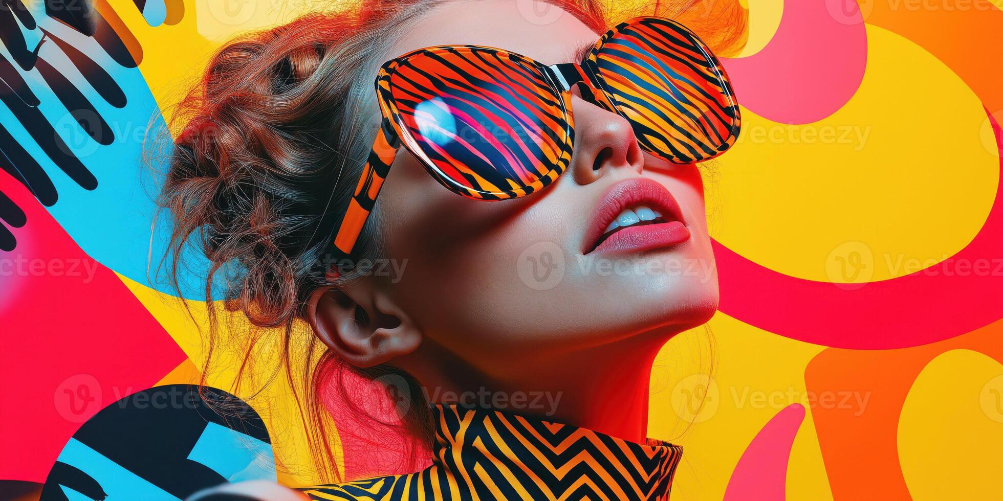 Bright Fashion Portrait of Woman with Patterned Sunglasses Against Colorful Abstract Background photo