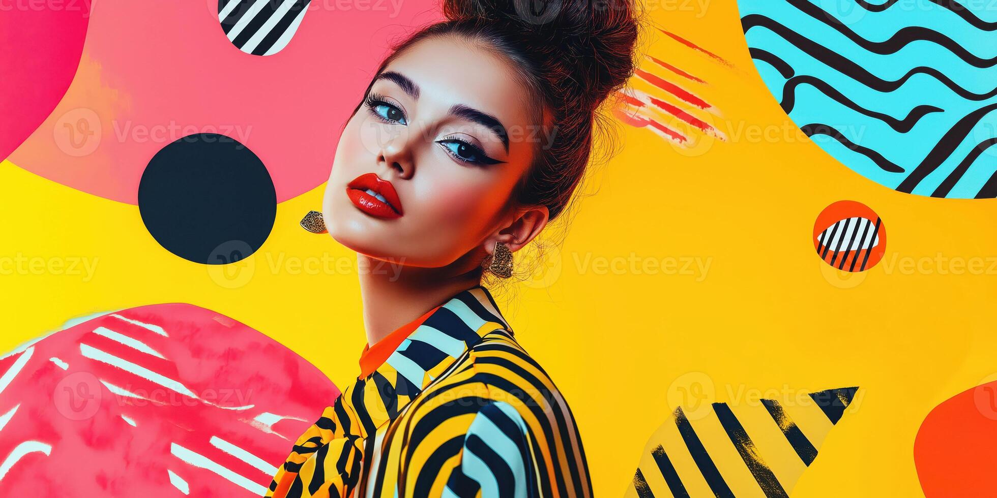 Vibrant Portrait of Stylish Woman Against Bold Abstract Art Background in Bright Colors photo