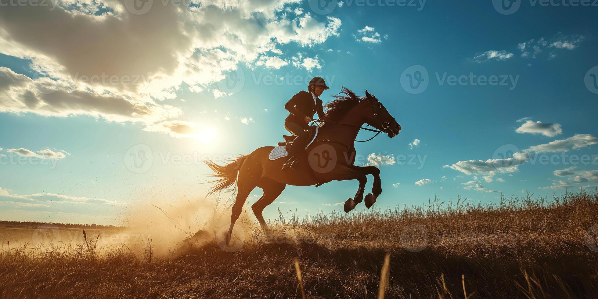 Horse Rider Galloping Through Sunset Field - Equestrian Adventure and Outdoor Freedom photo