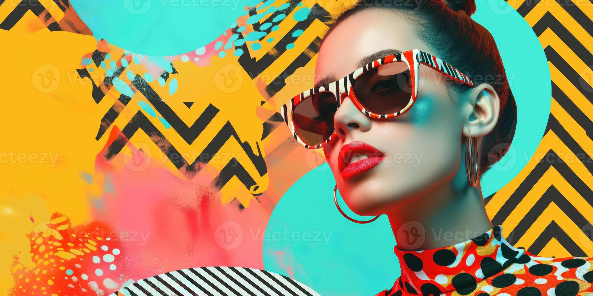 Vibrant Fashion Portrait of a Woman in Bold Sunglasses with Retro Patterns photo