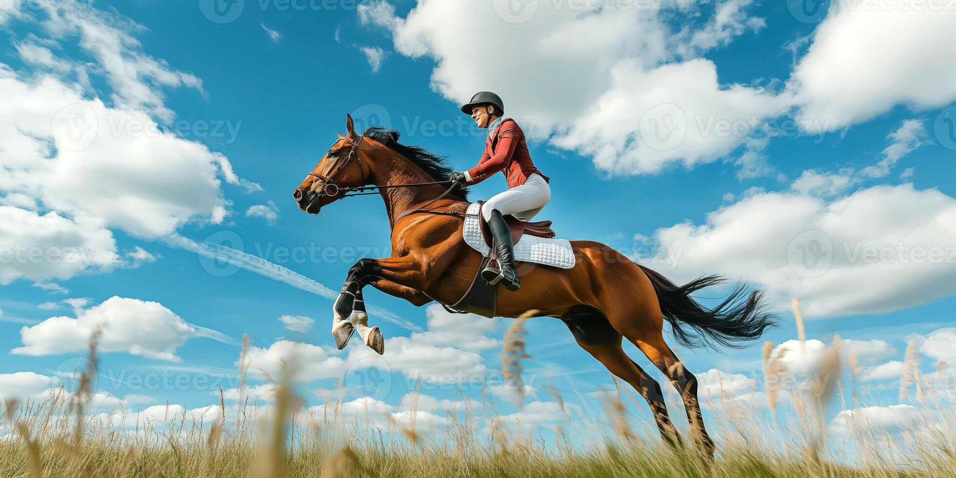 Equestrian Rider on Jumping Horse Against Blue Sky with Clouds in Open Field photo