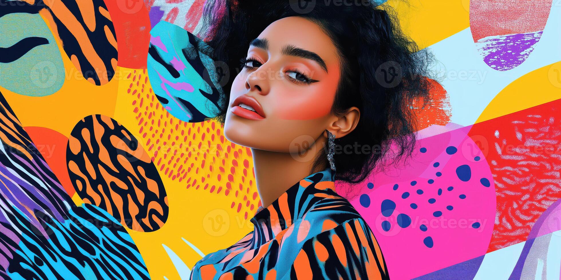Vibrant Fashion Portrait of a Woman with Bold Makeup and Colorful Abstract Background photo