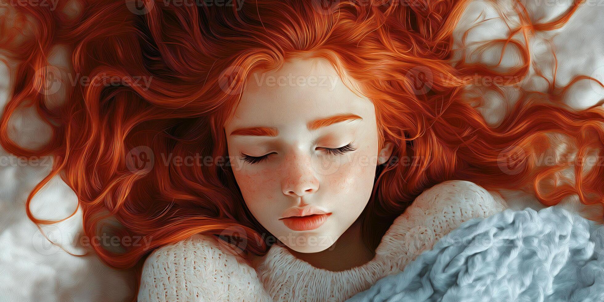 Peaceful Sleep of a Red-Haired Girl with Freckles and Cozy Sweater photo