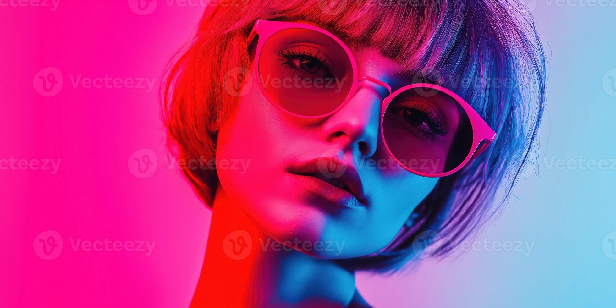 Colorful portrait of woman in pink sunglasses with neon lighting photo