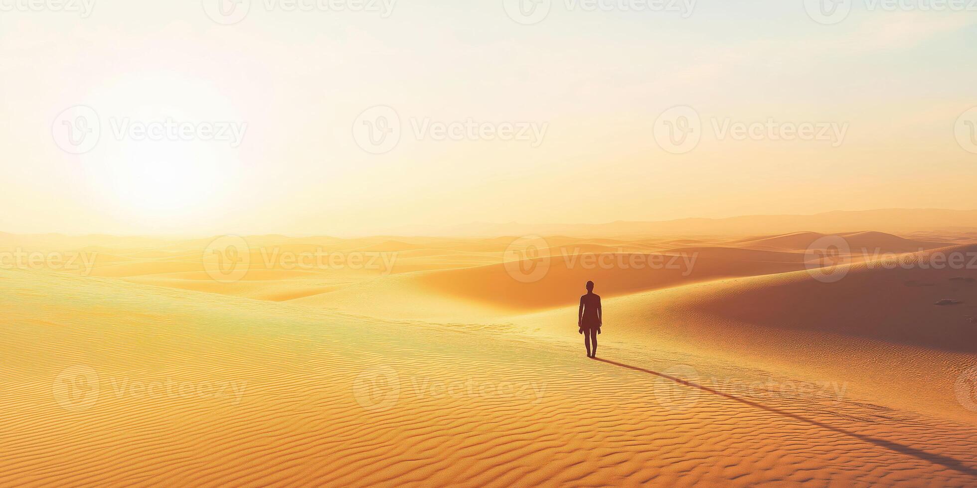 Solitary figure walking across golden sand dunes at sunrise photo