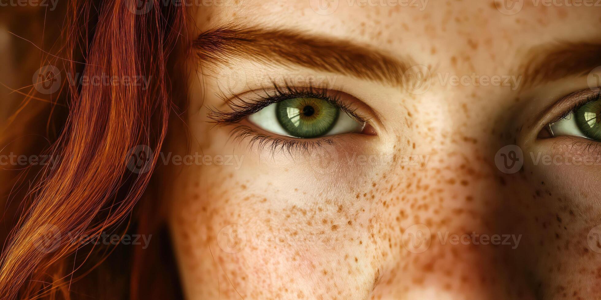 Close-up of freckled face with green eyes and red hair highlighting natural beauty and unique features photo