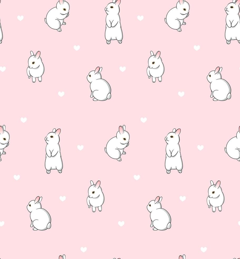 Pattern with cute bunnies and small hearts. White little rabbits on pink background illustration for textile design vector