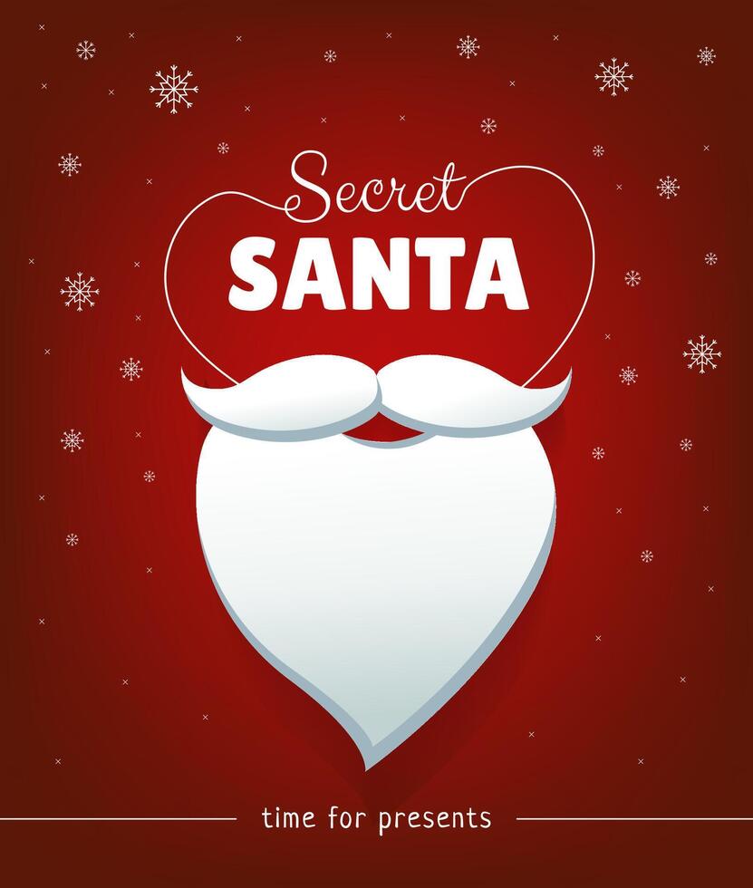 Secret Santa banner design with white beard and snowflakes on red background. Time for presents vector
