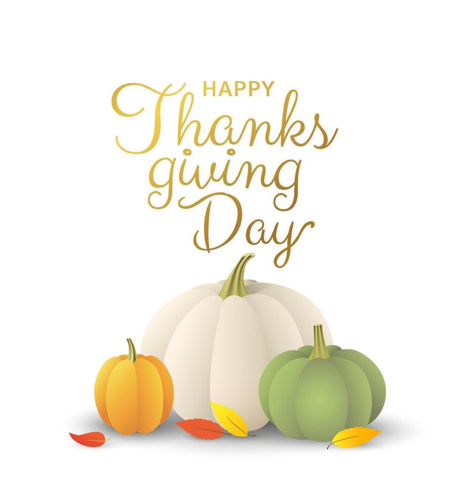 Happy Thanksgiving day card design with pumpkins and leaves isolated on white background vector