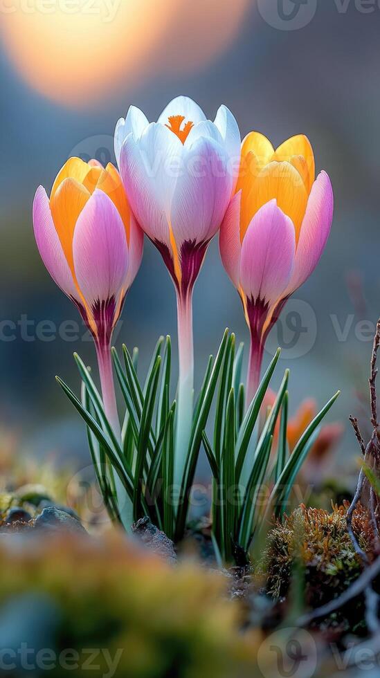 Three colorful crocus flowers blooming in springtime photo