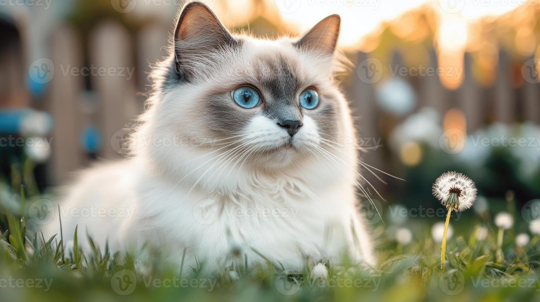 Beautiful ragdoll cat looking up with blue eyes photo
