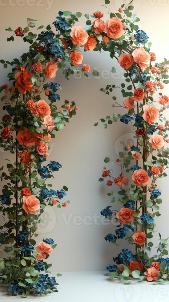Beautiful floral archway covered in red roses leading to a field of wheat photo