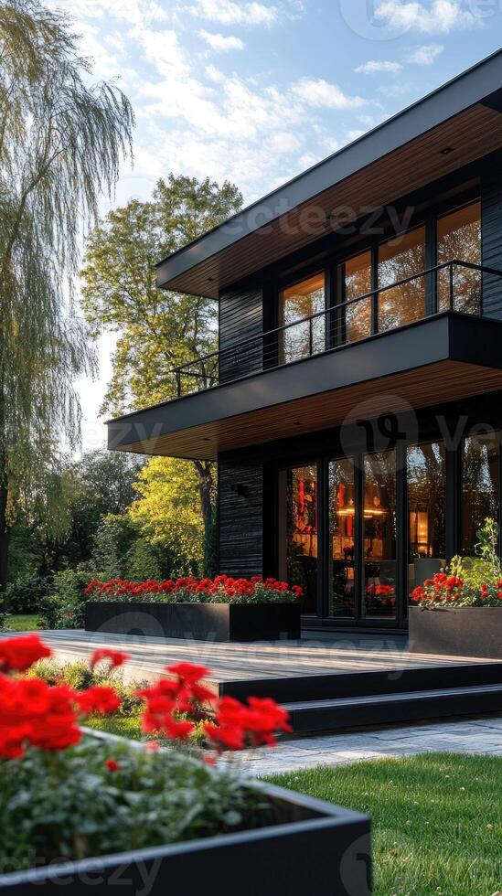 Modern black wooden house with large terrace and garden in bloom photo
