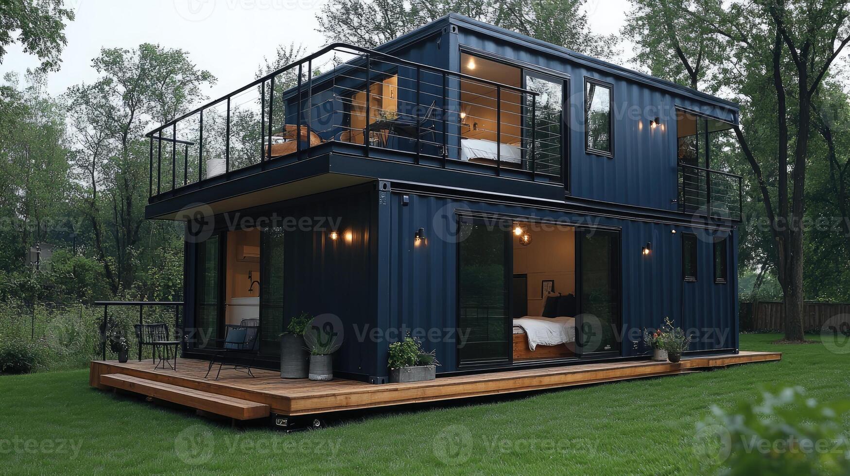 Modern tiny house made with recycled shipping containers at sunset with green lawn photo