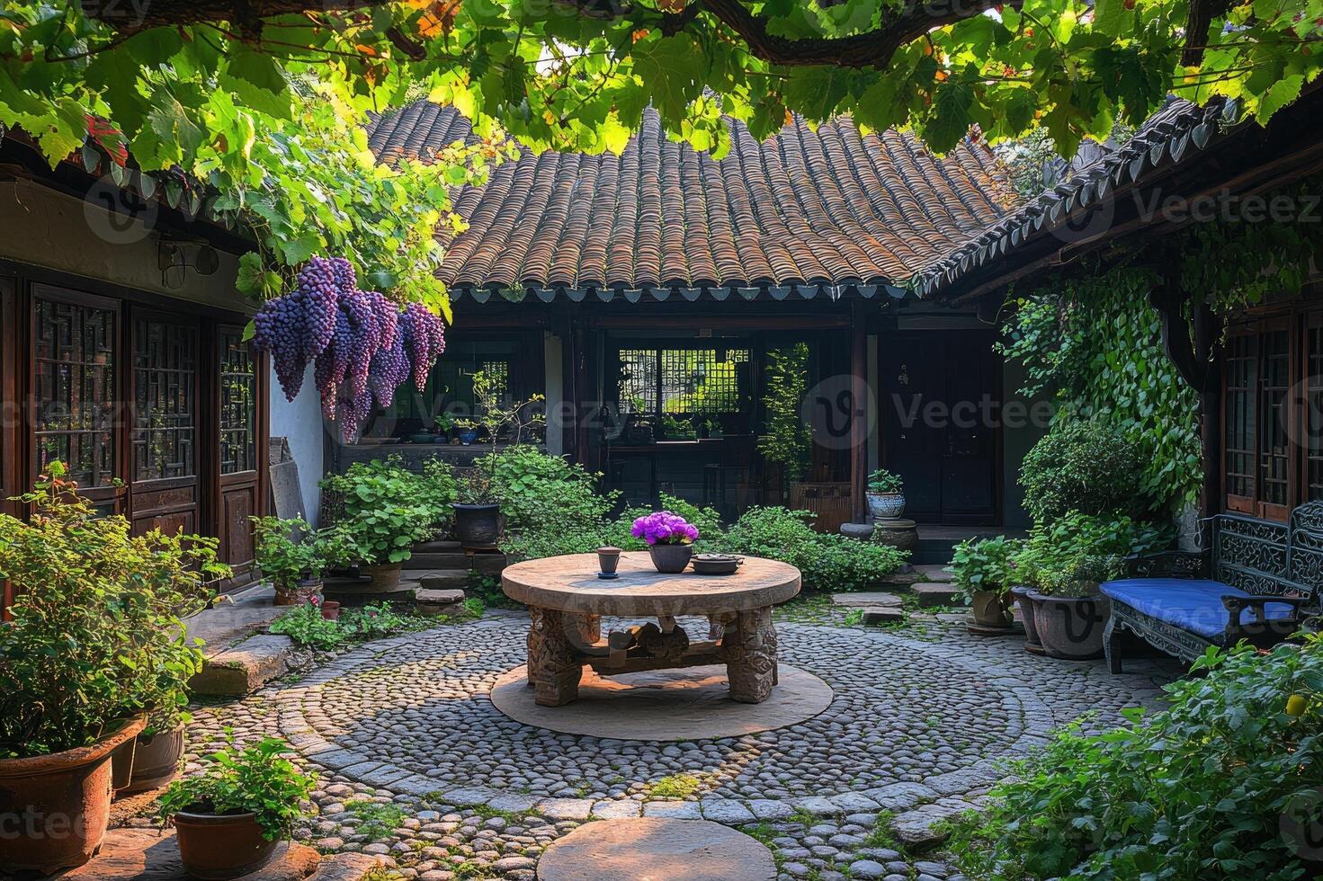 Bunches of grapes hanging over a table in a courtyard in china photo