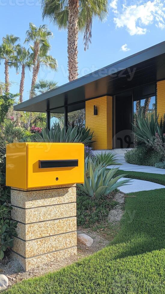 Yellow mailbox standing in front of a modern house with palm trees photo