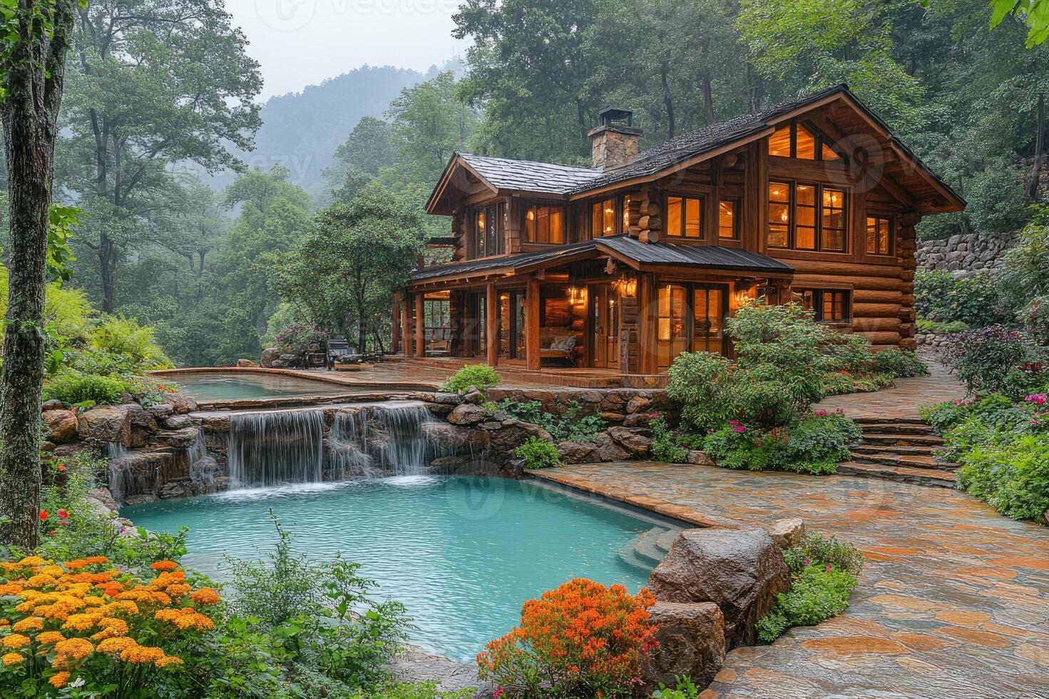 Luxurious log cabin with cascading waterfall pool and breathtaking mountain views photo