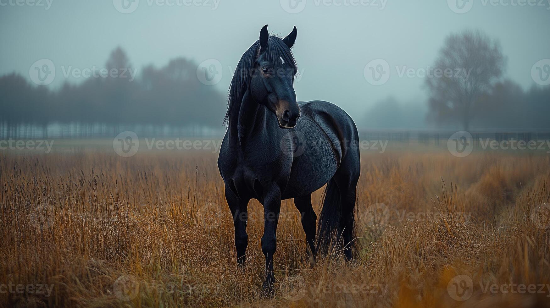 Beautiful black horse posing in autumn landscape photo