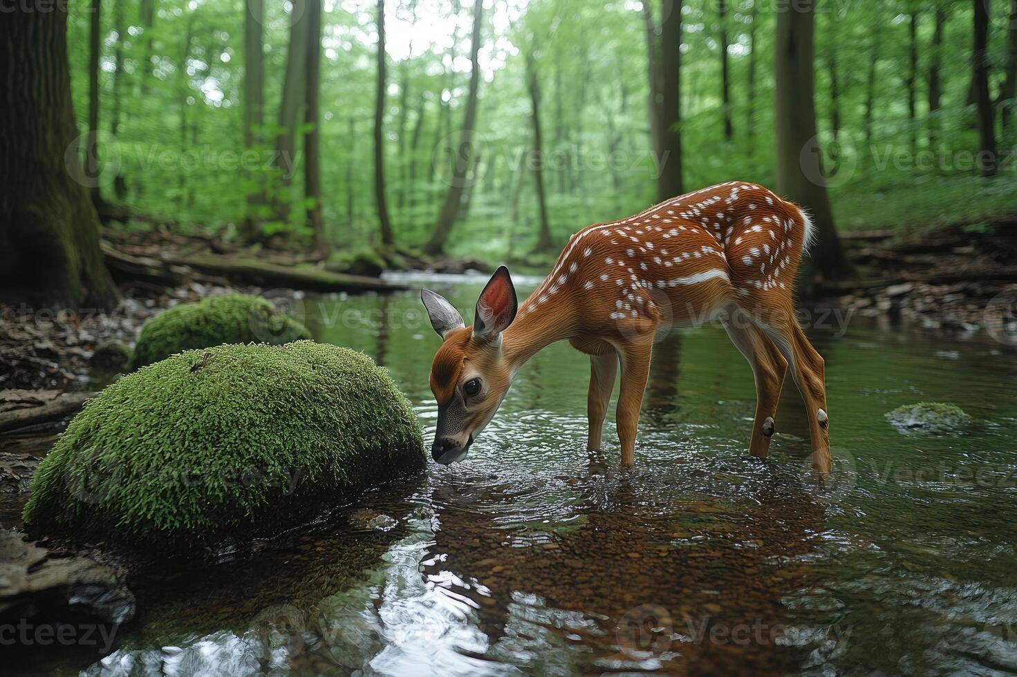 Young deer drinking from lake in autumn forest photo