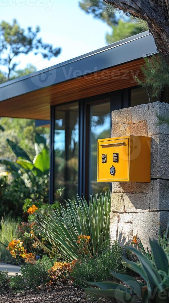 Yellow mailbox standing in front of a modern house with palm trees photo