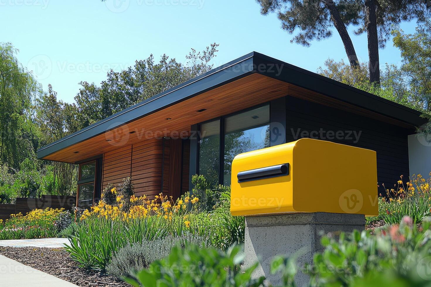Yellow mailbox standing in front of a modern house with palm trees photo