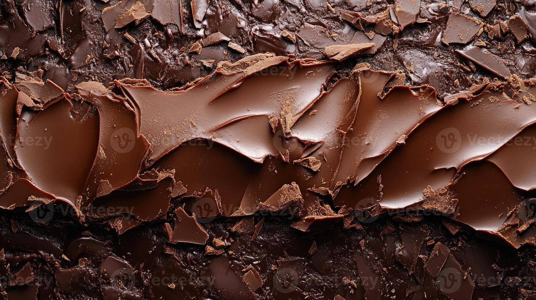 Melted dark chocolate swirls covering chocolate chunks background photo