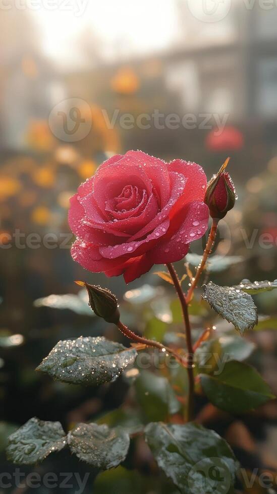 Red rose blooming in garden after the rain photo